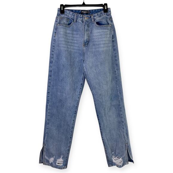 PrettyLittleThing Women’s Petite US 6 Blue Denim Straight Leg Distressed Jeans - Picture 1 of 6